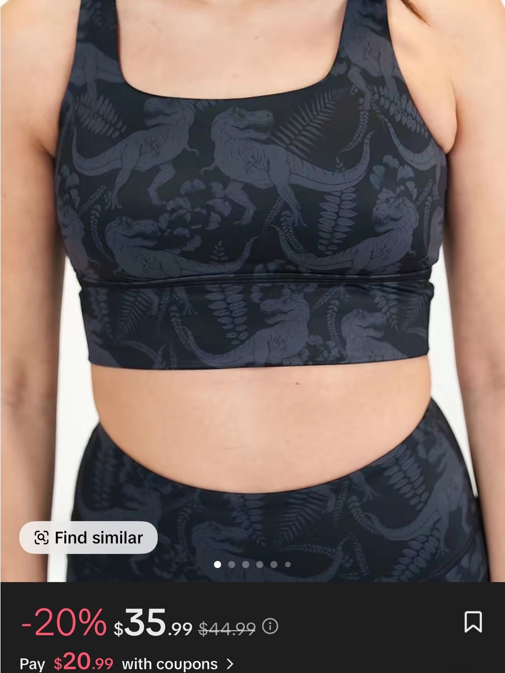 Black Patterned Sports Bra - Subtle Dino Print